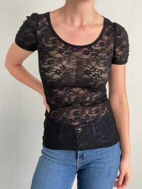 Forever 21 Lace Sheer Fitted Top Black Size S